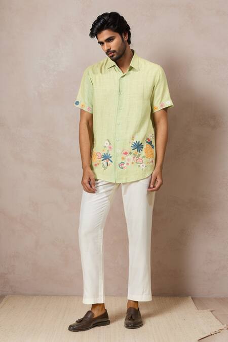 Ewoke  Green Hemp Embroidery Floral Shirt