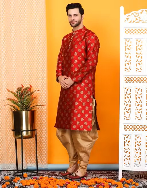 Over Crowd Men Leaves Jacquard Kurta & Gold Salwar set