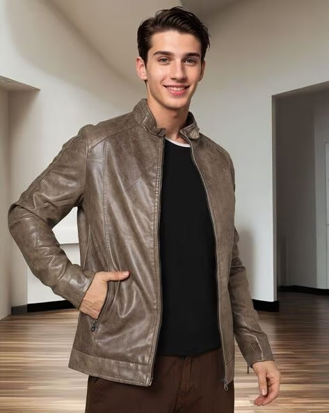 THE INDIAN GARAGE CO Panelled Slim Fit Zip-Front Biker Jacket