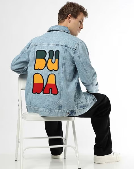 BUDA JEANS CO Unisex Heavily Washed Regular Fit Denim Jacket with Logo Print