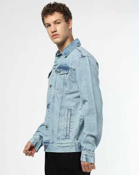 BUDA JEANS CO Unisex Heavily Washed Regular Fit Denim Jacket with Logo Print