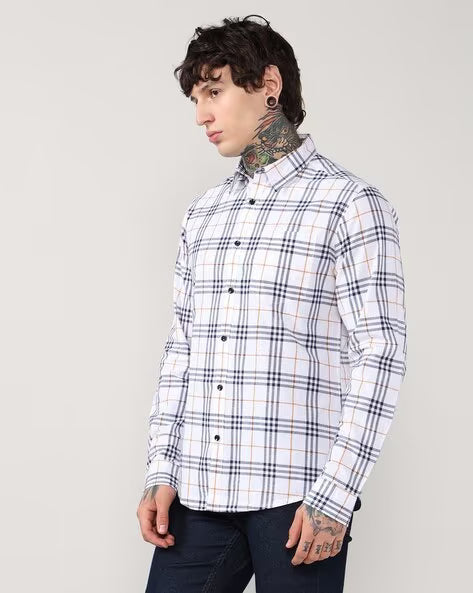 ALPHA TRIBE Men Oxford Checked Regular Fit Shirt with Patch Pocket