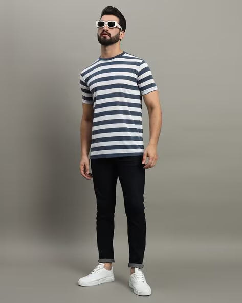 ALPHA TRIBE Men Striped Regular Fit Crew-Neck T-Shirt
