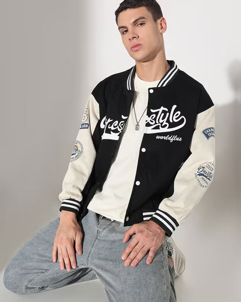 SHOWOFF Men Typographic Print Regular Fit Biker Jacket with Button-Closure