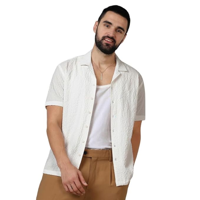 Campus Sutra Men's Polyester Fitted Pistachio Balanced Striped Shirt For Comfort, Casual Wear | Mandarin Collar | Short Sleeve | Button Closure | Shirt Crafted With Comfort Fit For Everyday Wear