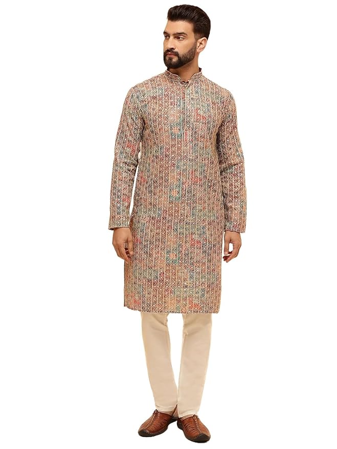 SOJANYA (Since 1958 Men's Cotton Silk Gold Thread Floral Embroidered Kurta with White Pyjama