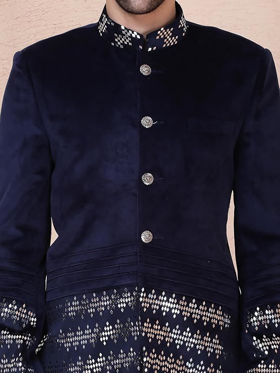 ANUP GUPTA COUTURE Men’s Navy Velvet Designer Bandhgala Set | BAND_AG5004 | Metallic Patti Embroidery | Elegant Ethnic Bandhgala for Special Occasions