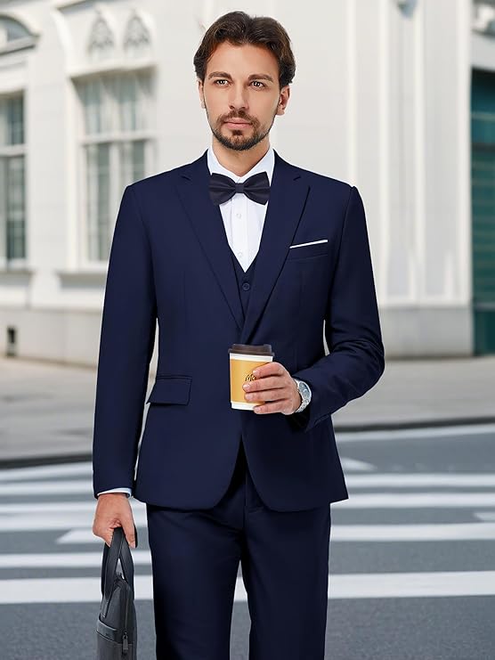 MAGE MALE Men's 3 Pieces Suit Elegant Solid One Button Slim Fit Single Breasted Party Blazer Vest Pants Set