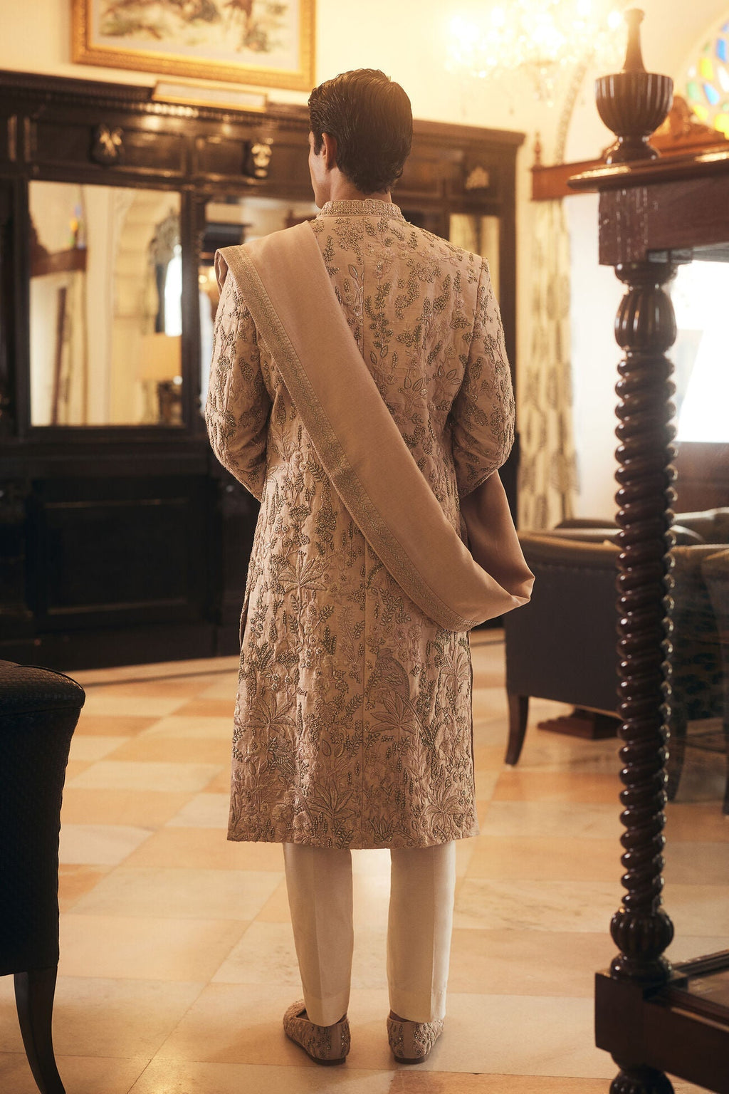 Shahrazad Embroidered Silk Sherwani - Champagne