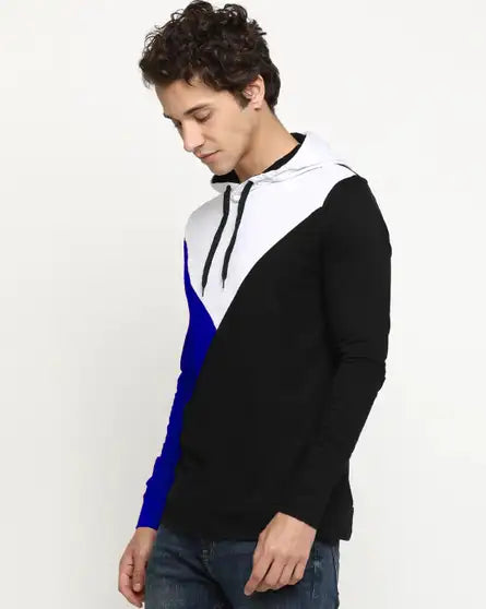 Hooded Neck Casual Men Cotton Fleece Blend Blue Sweater